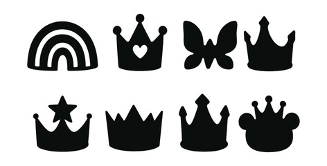 Fantasy crown silhouettes set – rainbow, heart, butterfly, star, jewels. Vector icons set