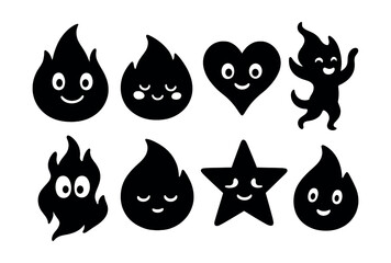 Cute cartoon flame icons set – happy, heart, star, smiling, dancing. Vector icons set
