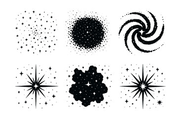 Galactic star silhouettes icons set – cluster, galaxy, swirl, burst, star pattern, cosmic blob. Vector icons set