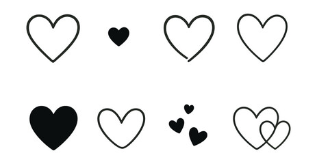 Minimalist heart silhouettes icon set – outline, solid, overlapping, small, large, simple designs. Vector icons set