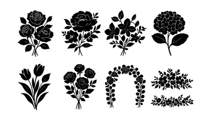 Elegant wedding floral silhouettes set – roses, bouquets, arches, garland. Vector icons set