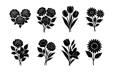 Elegant floral silhouette icons set – rose, tulip, sunflower, daisy, peony. Vector icons set