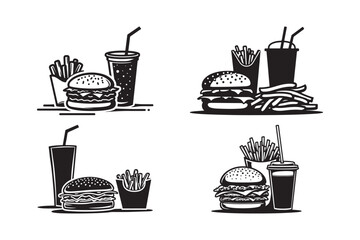 Fast Food Combo Icon Set Burger, Fries, Drink Vector Illustrations in Black and White