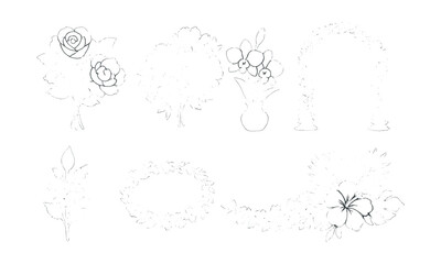 Wedding floral silhouettes set – roses, peonies, orchids, arches, bouquets, wreaths. Vector icons set