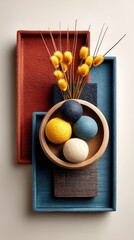 Modern Geometric Art with Vibrant Wooden Bowls and Soft Wool Balls