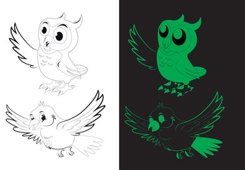 A vector illustration features a set of flying bird silhouettes, including an eagle and a dove, showcasing wild wings in a tribal design
