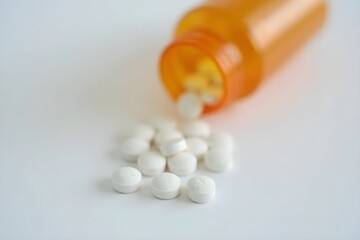 Medicine Bottle Tipped Over, with White Pills Scattered