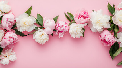 photo of elegant border banner featuring lush peonies arranged gracefully along the edges on a soft pastel pink background. The composition is delicate and airy, with pink, white, and blush peonies cr
