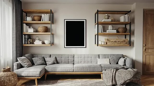 Modern living room interior with shelves and sofa.