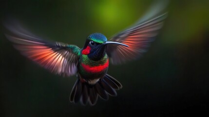 Obraz premium Vibrant hummingbird in flight against a blurred background.