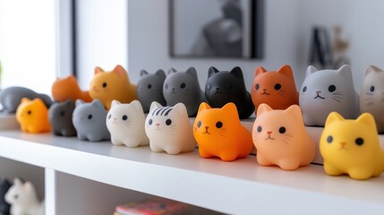Obraz premium Cute, stylized cat figurines in various colors, lined up on a shelf