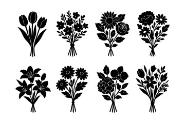 Silhouette flower bouquets icon set – tulips, roses, sunflowers, peonies, lilies, daisies. Vector icons set