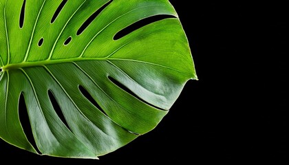 green monstera leaf on black background close up macro tropical cut out transparent