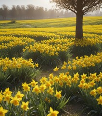 Obraz premium Sunny field ablaze with vibrant yellow daffodils , countryside, texture