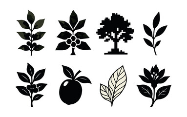 Artistic coffee plant icons set – leaves, beans, fruit, tree, silhouette, simple, botanical. Vector icons set
