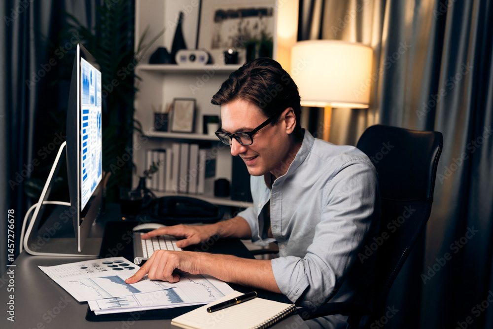 Poster smart businessman analyzing business paragraph dynamic database marketing analysis plan surrounded p