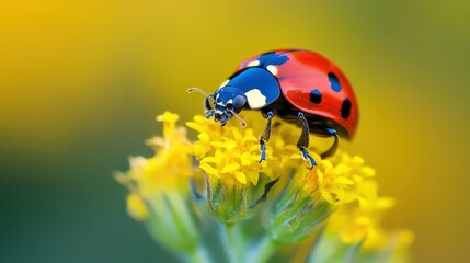 Fototapeta premium Close-up view of ladybug on vibrant yellow flower cluster.
