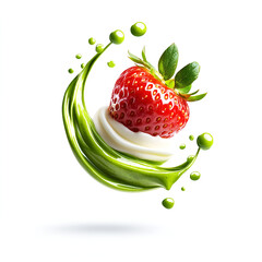 A floating half-cut strawberry in the air, studio setting, isolated on a white background with no shadows. A delicate matcha sauce flows over the strawberry, thin and smooth, with a swirl pattern of 