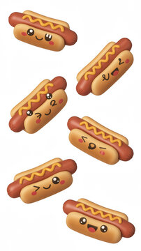 Naklejki Cute Cartoon Hot Dogs with Mustard and Faces