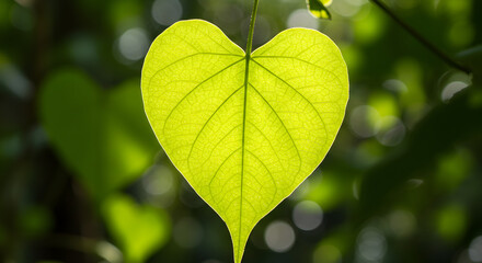 Heart Shaped Green Leaf Backlit by Sunlight with Bokeh Background Nature Close Up