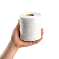 Fototapeta premium A hand holds a roll of white toilet paper against a black background simple product shot