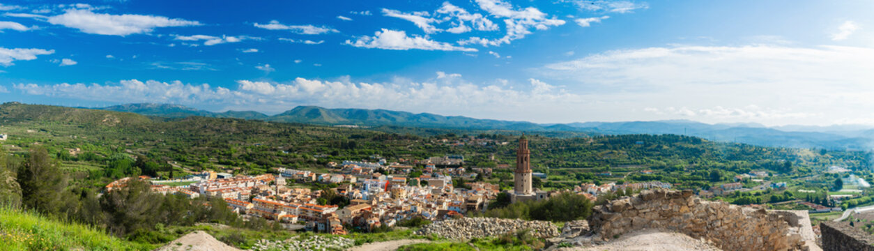 Panoramic to J&eacute;rica village on a spring sunset, in Comunidad Valenciana (Spain)