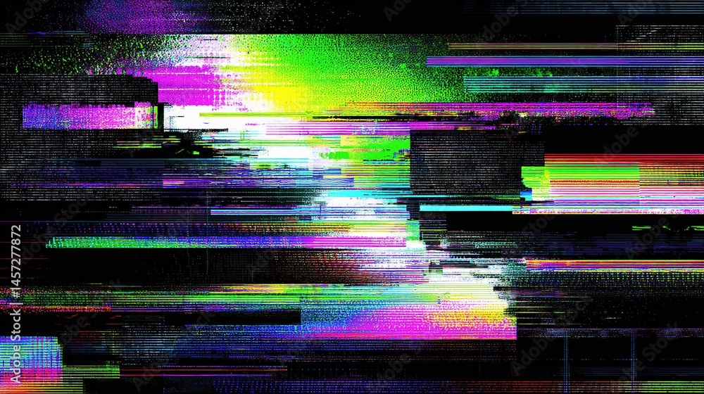 Poster digital glitch abstract background in neon colors with edges