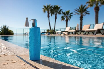 Naklejka premium Blue Shampoo Bottle Beside the Pool on a Sunny Summer Day Generative AI
