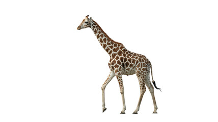 Obraz premium Giraffe walking gracefully, long neck, brown patches, transparent background