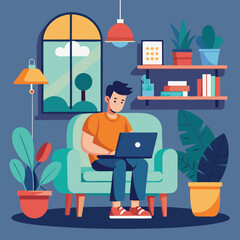 Vector Art Depicting a Modern Home Workspace with a Comfortable Green Armchair and Stylish Interior Elements