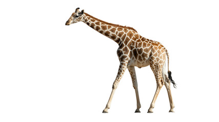 Fototapeta premium Giraffe walking gracefully, long neck, brown patches, transparent background