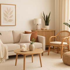 Modern cozy living room with beige sofa, wood furniture, and green plants. Minimalist, warm interior design with natural light and calming decor. No people, peaceful atmosphere.