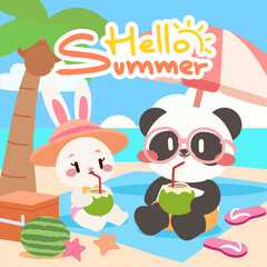 Kawaii Panda and Bunny on Beach Drinking Coconut. Adorable Summer Scene with Cute Bunny and Panda by the Sea. Cute Panda and Rabbit Relaxing on Tropical Beach.