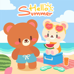 Cute Bear Couple at Beach with Watermelon. Kawaii Bears Enjoying Summer Vacation by the Sea. dorable Beach Scene with Bears, Watermelon, and Sunshine.