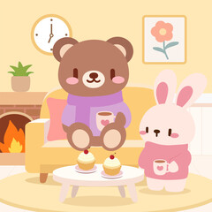 Cute Bear and Bunny Drinking Hot Cocoa Indoors. Kawaii Animals Enjoying Cupcakes and Warm Drinks in Cozy Living Room. Adorable Indoor Winter Scene with Bunny and Bear.