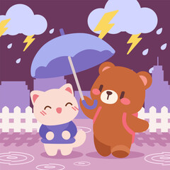 Cute Bear and Cat Sharing Umbrella in Rain. Adorable Cartoon Animals Walking in Rain with Lightning and Umbrella. Kawaii Bear Protecting Cat from Rainstorm.