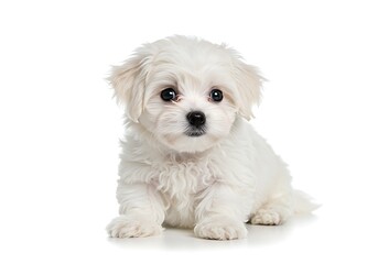 Obraz premium A small white fluffy puppy sitting on a white background looking directly at the camera with big eyes