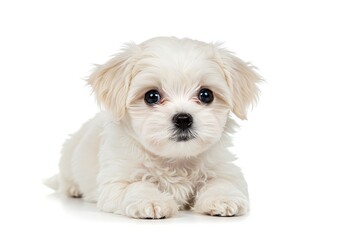 Obraz premium A small white fluffy puppy lying down looking at the camera on a white background in a studio setting