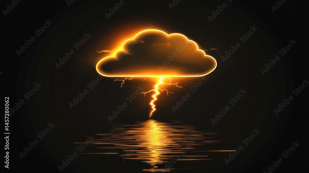 Poster illuminated cloud unleashing lightning strikes, creating reflections below on water