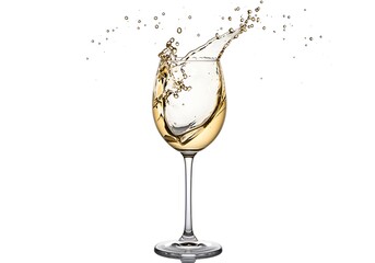 A wine glass filled with liquid and splashing on a white background in a studio setting scene