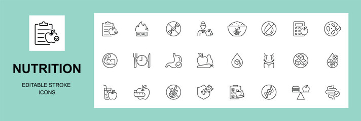 Nutrition editable stroke outline Icons set. Vitamins, calories, nutrition, fruits, vegetables, water, obesity, fiber, protein, sugar free, meal plan and carbohydrate. Vector illustration