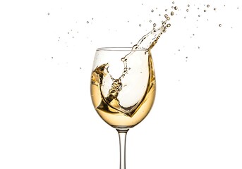 A glass of white wine with a splash creating droplets against a stark white and bright background
