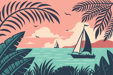 Obraz premium 29 Tropical sunset seascape, silhouettes of boats and ships, palm fronds framing the view, vibrant pink and orange sky, calm turquoise water, stylized illustration, paper cut-out effect, tranquil ocea