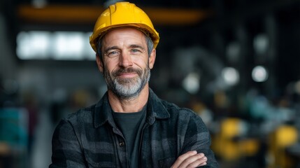 Industrial engineer in safety gear, confident and focused, representing modern manufacturing expertise and workplace safety.
