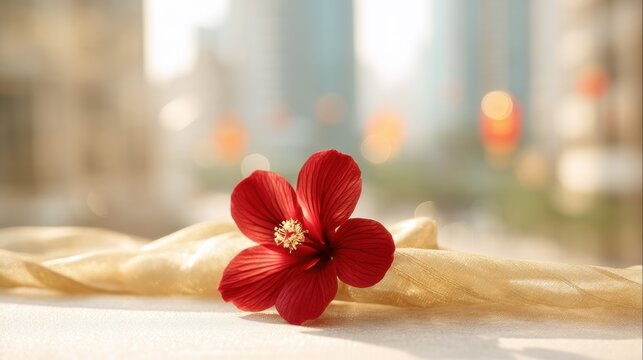 Close-up of a red bauhinia brooch on silk, golden light on petals, festive city backdrop - celebrating Hong Kong's establishment day with elegance.