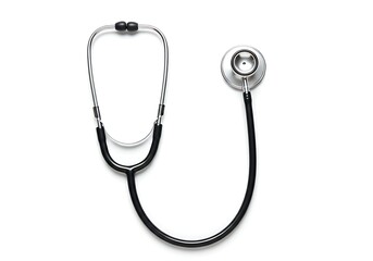 A stethoscope with a black tube and silver accents on a white background in a studio setting