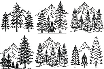 Obraz premium pine tree with mountain outline vector illustration isolated on white background.