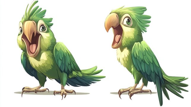 Two green parrots with open beaks, one sitting, one standing. Vector image