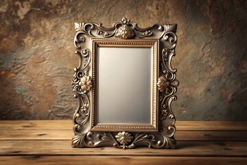 An old vintage gold picture frame, an antique ornate wooden design, hangs on a wall as a retro photo decoration with an empty border