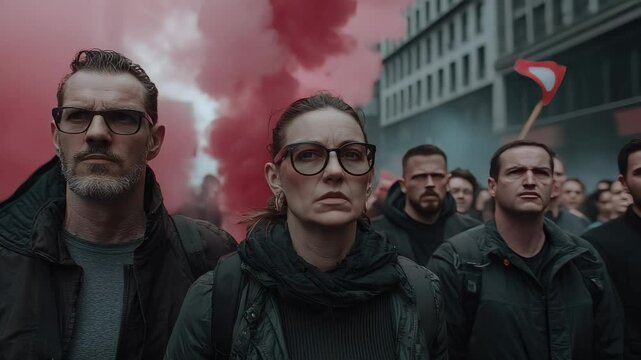 Urban riot wave: fire burst, rebellious march, crowd panic, explosive surge, protester anger, shattered order, violent protest, police line, smoke cloud, defiant stance, crisis mode